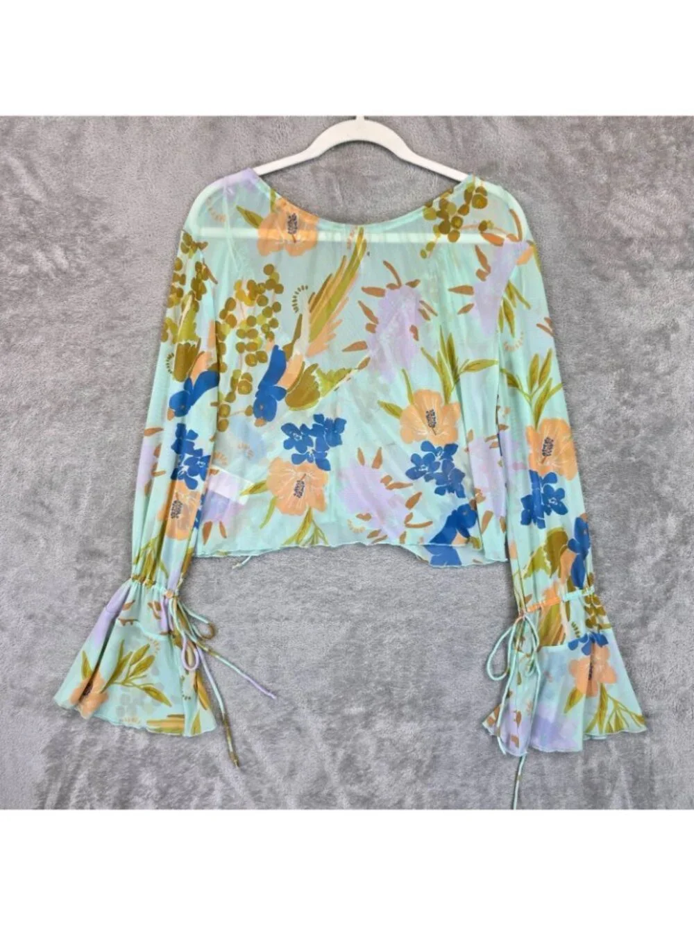 Free People Blouse Womens S Multicolor V Neck Bell Sleeve Floral Cropped Top